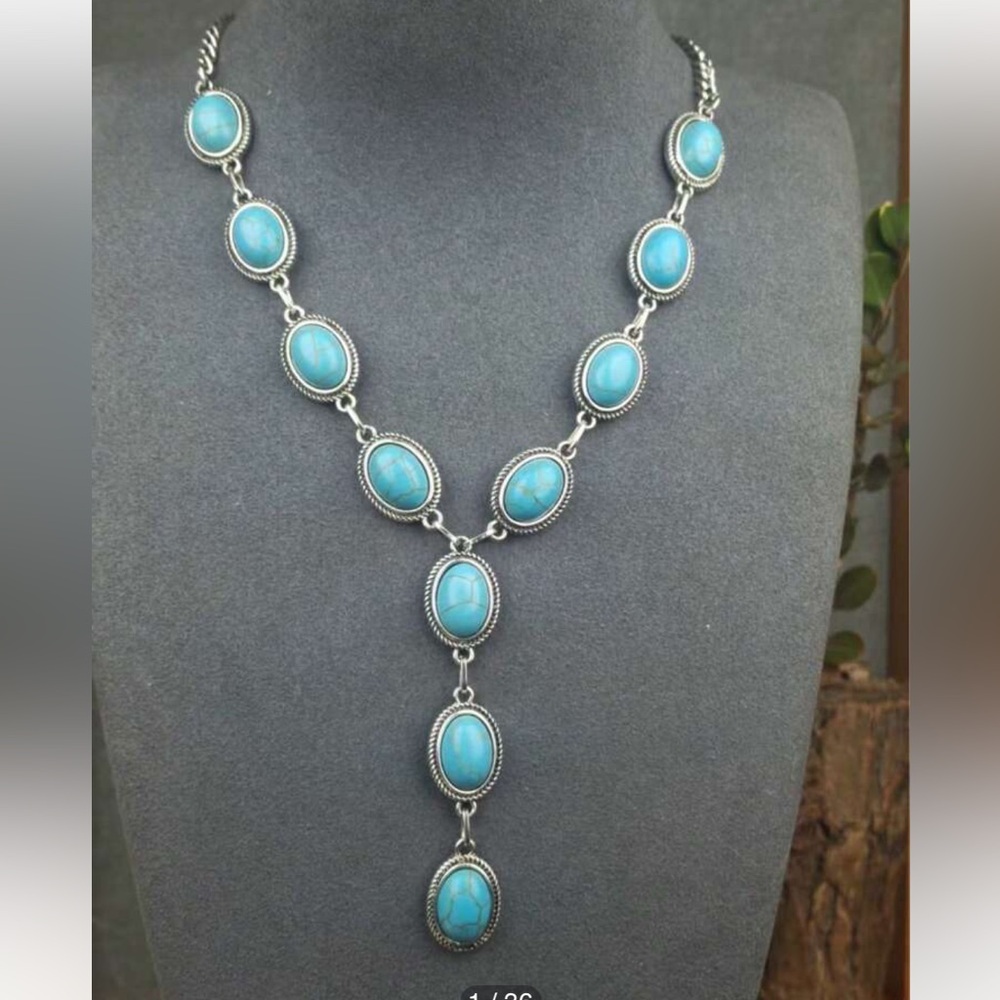 ⭐️ Western Boho Lariat Y Shape Silver and Faux Turquoise Drop Necklace NWOT - Picture 3 of 13